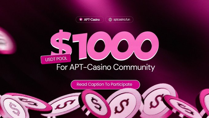 The image features a pink banner with white text that says "USDT Pool For APT-CASINO COMMUNITY" at the top, followed by a list of items for sale below the banner. The text also includes an invitation for people to participate in the pool and encourages them to share their experiences on social media using the hashtag #APTCASINOambassador.