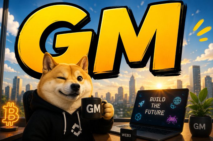 A cartoon-style Shiba Inu dog winks while holding a 'GM' coffee mug, with large 'GM' letters in the background and a laptop displaying 'BUILD THE FUTURE' on a desk.