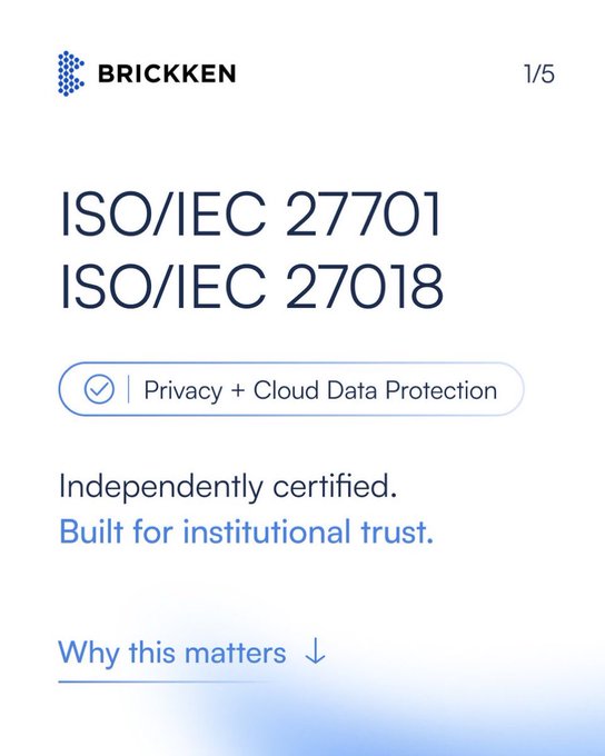 Brickken announces ISO/IEC 27701 and ISO/IEC 27018 certifications for Privacy and Cloud Data Protection, highlighting their independently verified data handling and privacy infrastructure as a foundation for institutional trust.