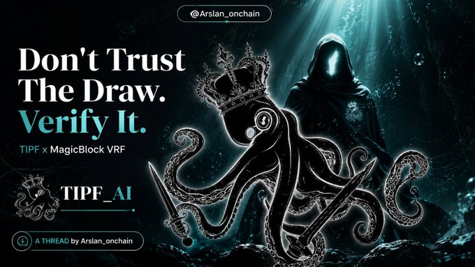 The image features a hooded, glowing-eyed octopus wearing a crown and holding knives underwater, alongside the text "Don't Trust The Draw. Verify It." and "TIPF x MagicBlock VRF" with branding for "TIPF_AI" by @Arslan_onchain. The post's theme of trust scaling issues in pooled savings systems ("esusu") is visually captured by the ominous "trust no one" imagery and the call to verify rather than blindly trust the draw—directly connecting to TIPF's use of verifiable random functions for transparent, tamper-proof on-chain draws.
