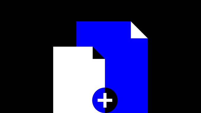 An icon depicting two overlapping document pages in blue and white with a plus symbol, suggesting a file addition or merging function.