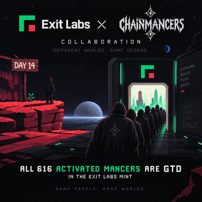 A promotional graphic for an "Exit Labs x Chainmancers" collaboration titled "DIFFERENT WORLDS. SAME DEGENS.", depicting hooded figures approaching a portal, with text reading "DAY 14" and "ALL 616 ACTIVATED MANCERS ARE GTD IN THE EXIT LABS MINT".