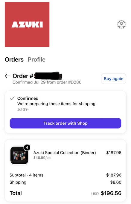 The image shows a Shop app order confirmation from Azuki for the "Azuki Special Collection (Binder)" totaling $196.56 USD for 4 items, confirming an order dated Jul 29. This relates to the post about max minting AzukiTCG, showcasing a recent purchase of Azuki trading card merchandise.