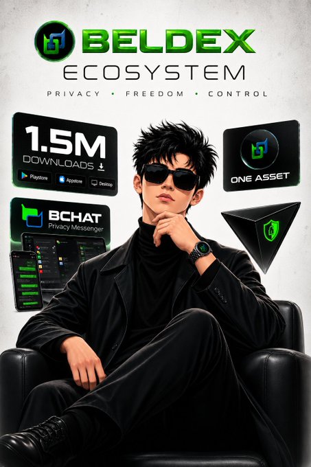 A promotional graphic for the BELDEX ECOSYSTEM featuring the tagline 'PRIVACY • FREEDOM • CONTROL,' highlighting 1.5M downloads across Playstore, Appstore, and Desktop, with BCHAT privacy messaging and 'ONE ASSET' branding.