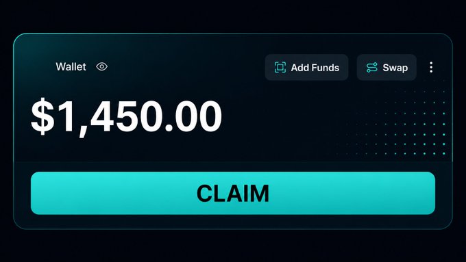 A digital wallet display shows a balance of $1,450.00 with options to "Add Funds" and "Swap," accompanied by a prominent teal "CLAIM" button, directly representing the campaign's promised payout range of $150–$1,500+.