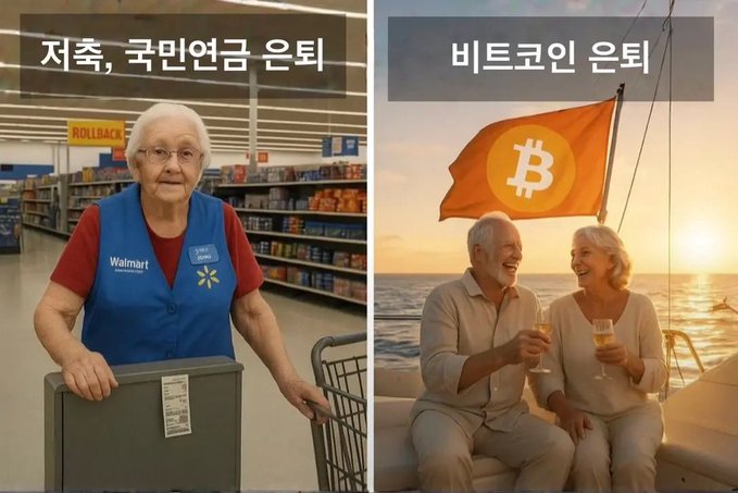 The image is a side-by-side comparison meme contrasting retirement lifestyles, showing an elderly Walmart employee in uniform on the left labeled "저축, 국민연금 온티" (savings, national pension only) versus a wealthy elderly couple celebrating on a yacht with a Bitcoin flag on the right labeled "비트코인 온티" (Bitcoin only), illustrating the post's message about how investing 5.5 BTC could transform a modest 500 million won retirement into 2.7 billion won.