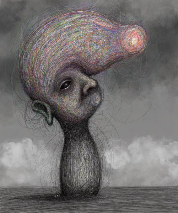 A surreal, hand-drawn sketch depicts a small, isolated figure with an elongated, colorful pointed head resembling a comet, set against a stormy gray sky and desolate horizon—visually echoing the title's sense of inherited fate and existential weight conveyed in the accompanying post.