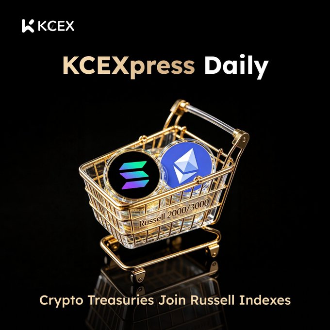 In the image, there are two golden coins, one labeled " cryptocurrency treasures join Russell indexes" and another labeled " cryptocurrency forwards industries hold $7 million SOL (≈$588M). passive funds tracking $12.2 trillion in assets will". The phrase " cryptocurrency forwards industries hold $7 million SOL (≈$588M)" suggests that a company's shares are being listed on the Russell Index, which is an index of passively-traded shares from various companies around the world. These passively-traded shares perform well and typically offer significant returns, attracting the attention of investors seeking financial gains. The image also includes a gold shopping basket with two silver coins inside it, which further emphasizes the financial nature of the content displayed.