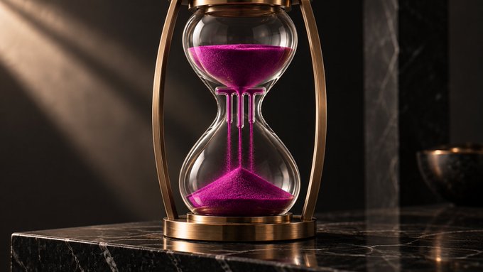 An elegant hourglass with gold metal framing sits on a black marble surface, filled with vibrant magenta-colored sand flowing between its glass bulbs.