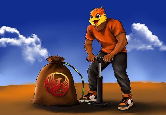 A digital illustration of a muscular figure with an orange bird-like head wearing an orange shirt and dark pants, pumping a bike pump connected to a large sack with a red phoenix emblem in a desert landscape.