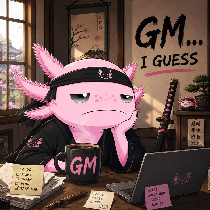 A digital illustration of a pink axolotl wearing a ninja headband and black robe, sitting at a desk with a "GM" mug and laptop, accompanied by the text "GM... I GUESS" and a to-do list including "TAKE NAP".
