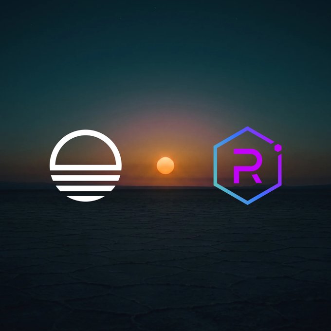 Two cryptocurrency logos, the white Sunswap logo and a purple hexagon 'R' logo, float above a sunset landscape with cracked earth.