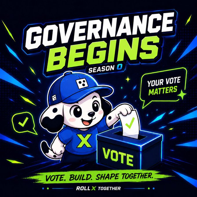 A colorful promotional graphic reading 'GOVERNANCE BEGINS SEASON 0' featuring a cartoon dalmatian mascot in blue attire placing a vote in a ballot box, with the slogan 'VOTE. BUILD. SHAPE TOGETHER. ROLL X TOGETHER'.