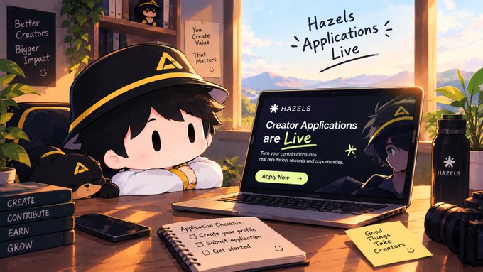 An illustrated chibi character wearing a black cap sits at a desk facing a laptop displaying "Creator Applications are Live" with an "Apply Now" button. Surrounding elements include a notebook labeled "Application Checklist," books reading "CREATE / CONTRIBUTE / EARN / GROW," and a bottle marked "HAZELS," with text on the wall stating "Better Creators Bigger Impact."
