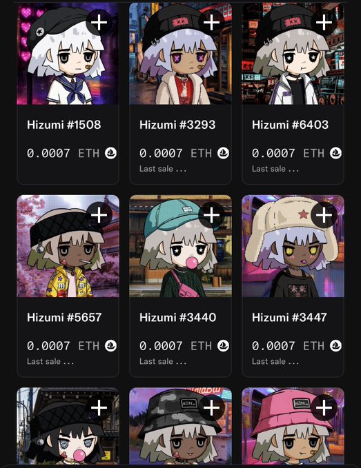 A grid of nine digital collectible avatars featuring an anime-style character named 'Hizumi' in various outfits and hats, each listed for '0.0007 ETH'.