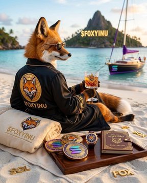 A cool fox wearing sunglasses and a "FOXYINU" jacket relaxes on a tropical beach, surrounded by FOXYINU merchandise including a pillow, coins, and a card, with the text "SFOXYINU" and "SOL" visible in the scene—perfectly matching the post's introduction of FOXYINU as a bold Solana meme coin hero.