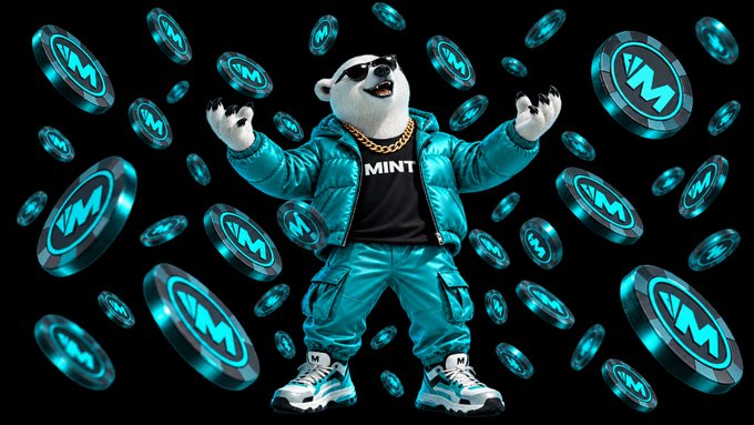 A promotional mascot image of an anthropomorphic polar bear wearing sunglasses, a teal puffer jacket, and a "MINT" t-shirt, surrounded by floating teal coins with the letter "M".