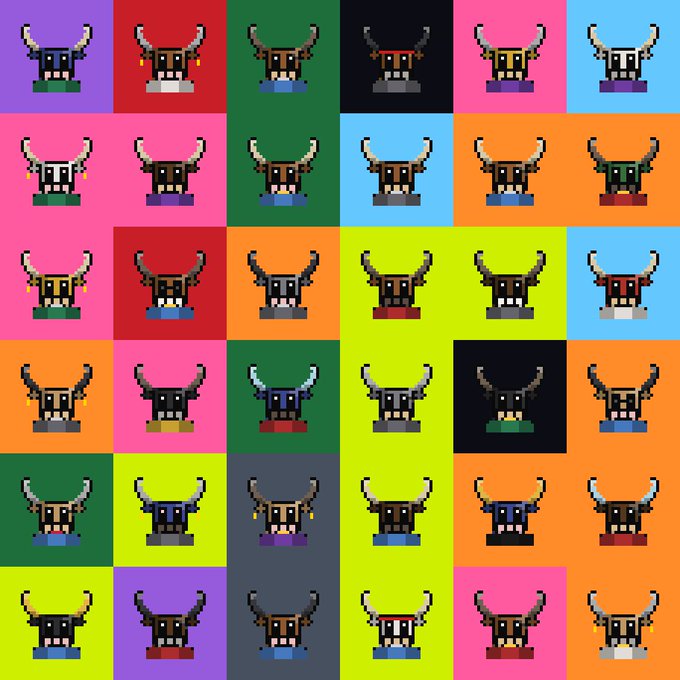 A colorful grid pattern of pixelated viking helmets with horns, each on different colored backgrounds including purple, pink, green, orange, and black.