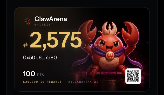 A ClawArena waitlist card displaying rank '#2,575', a partial wallet address '0x50b6...7d80', and 100 PTS, alongside a cartoon crab character wearing a crown and cape with a QR code for aiclawarena.ai.