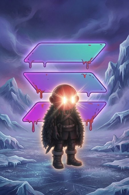 A digital illustration of a small armored Viking-like character with glowing eyes standing before a large purple and teal Solana-style logo on a snowy, mountainous backdrop.