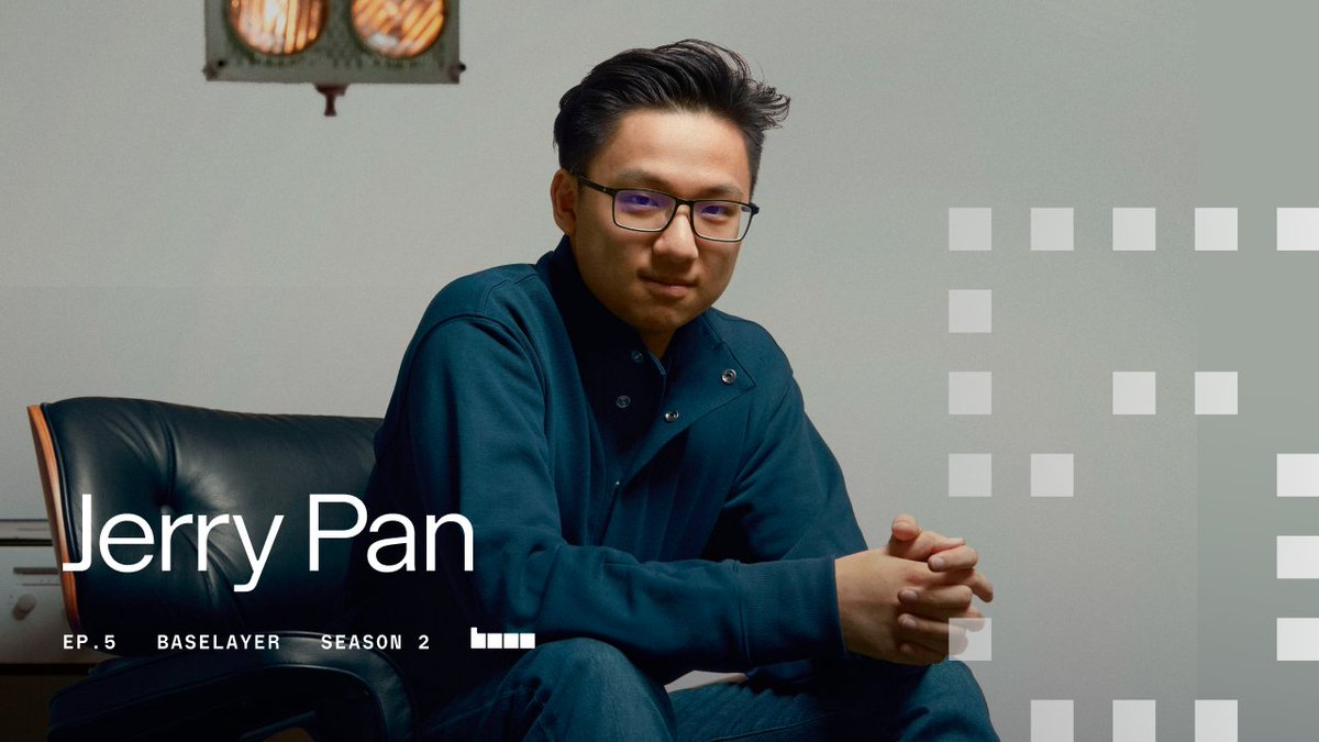 The image features a man wearing glasses sitting down with his hands crossed. The background of the image shows a gray wall with white squares arranged in a grid pattern, which appears to be part of an advertisement or promotional material for a show called "Jerry Pan".