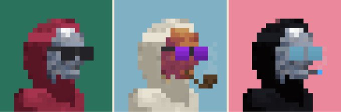 Three pixel-art figures with VR-like visors are shown in profile against green, blue, and pink backgrounds.