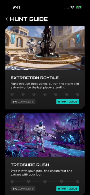 A mobile app screen titled 'HUNT GUIDE' displaying two game mode options: 'EXTRACTION ROYALE' (0% Complete) and 'TREASURE RUSH' (0% Complete), each with a 'START GUIDE' button.