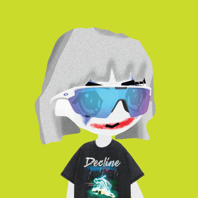 A stylized character with gray hair, reflective sunglasses, and smeared clown-like makeup wears a black "Decline" t-shirt featuring a neon figure on a bright yellow background, capturing an edgy crypto-culture aesthetic tied to the "First 100 wallets" milestone.