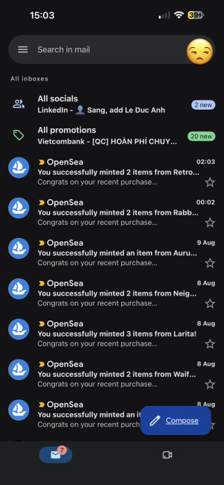 A mobile email inbox at 15:03 with notifications, including multiple OpenSea messages about successful NFT mints from collections like Retr0, Rabb..., Auru..., Neig..., Larita..., and Wail....
