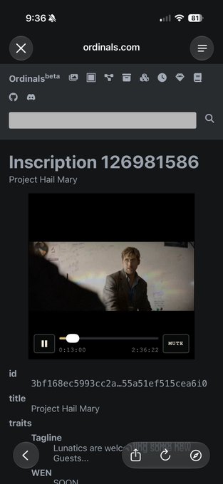 This screenshot from ordinals.com displays "Inscription 126981586" titled "Project Hail Mary," featuring a video player and the tagline "Lunatics are welcome!"