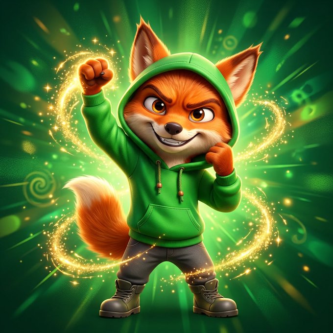 A 3D-rendered cartoon fox wearing a green hoodie strikes a confident pose against a vibrant green background with magical golden sparkles.
