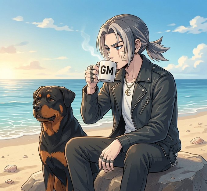 An anime-style illustration of a silver-haired man wearing a black leather jacket, holding a white mug labeled 'GM', sitting on rocks at a beach next to a Rottweiler dog.