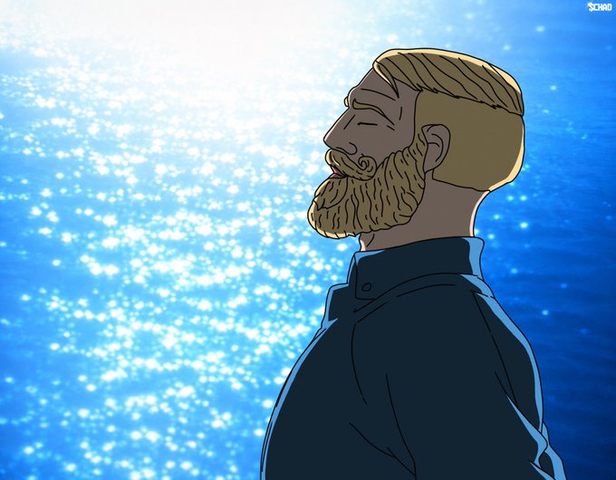 An anime-style illustration showing a blonde, bearded man in a blue shirt with his eyes closed, standing against a sparkling blue water background.
