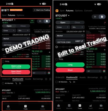A side-by-side comparison of two crypto trading interfaces showing Bybit Demo Trading on the left (with $100,218.25 balance and open Long/Short options) and what appears to be a real trading interface on the right (with $5,680.95 unrealized P&L), demonstrating how demo positions can be edited and presented as real trading activity for tickers like BTCUSDT.