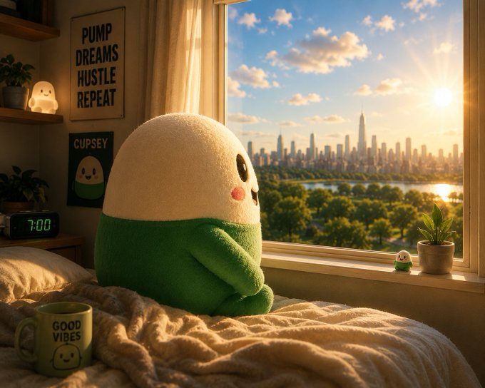 A cute plush toy with a cream-colored top and green bottom sits on a bed looking out a window at a city skyline at sunrise, with a 'PUMP DREAMS HUSTLE REPEAT' poster, a 'CUPSEY' poster, a 'GOOD VIBES' mug, and a digital clock showing 7:00.