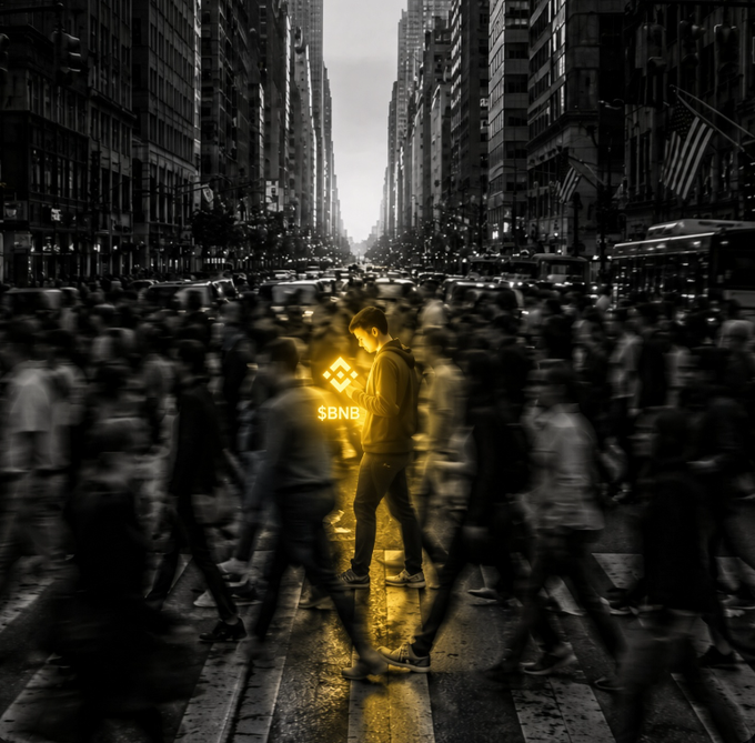 A stylized image of a person holding a glowing BNB logo standing still while a black-and-white crowd moves around them in a busy city street.