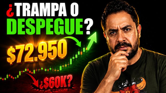 A man with a beard poses thoughtfully next to a candlestick chart with Spanish text reading "¿TRAMPA O DESPEGUE?" (Trap or Takeoff?), "$72,950" highlighted in green, and "¿$60K?" questioning a potential drop in red. The image visually captures the Bitcoin price uncertainty referenced in the post, illustrating the market tension between the recent rally to ~$72,950 driven by bullish news (Trump, SEC/CFTC, Treasury liquidity) and the risk of a pullback to $60K following a major 7-day short-term holder liquidation.