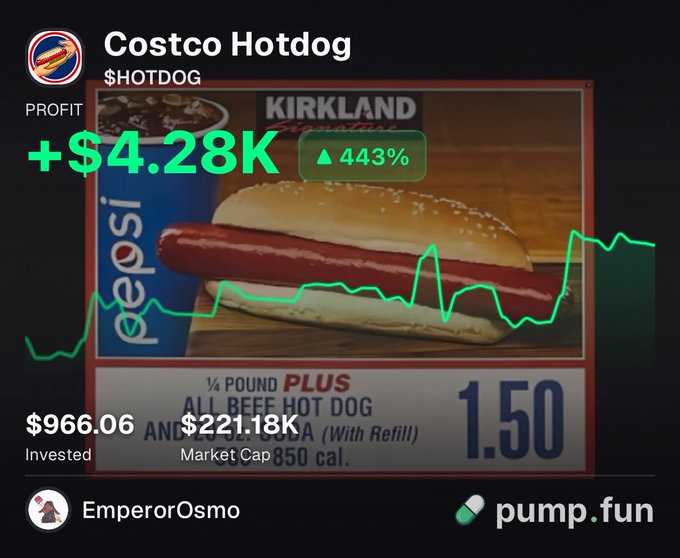 A pump.fun meme coin page for 'Costco Hotdog' ($HOTDOG) showing a +443% gain with an image of a Kirkland hot dog and soda.