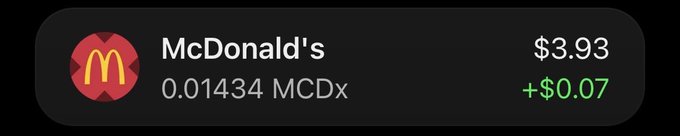 A cryptocurrency price widget shows 'McDonald's' trading at $3.93, up +$0.07, with '0.01434 MCDx' listed below.