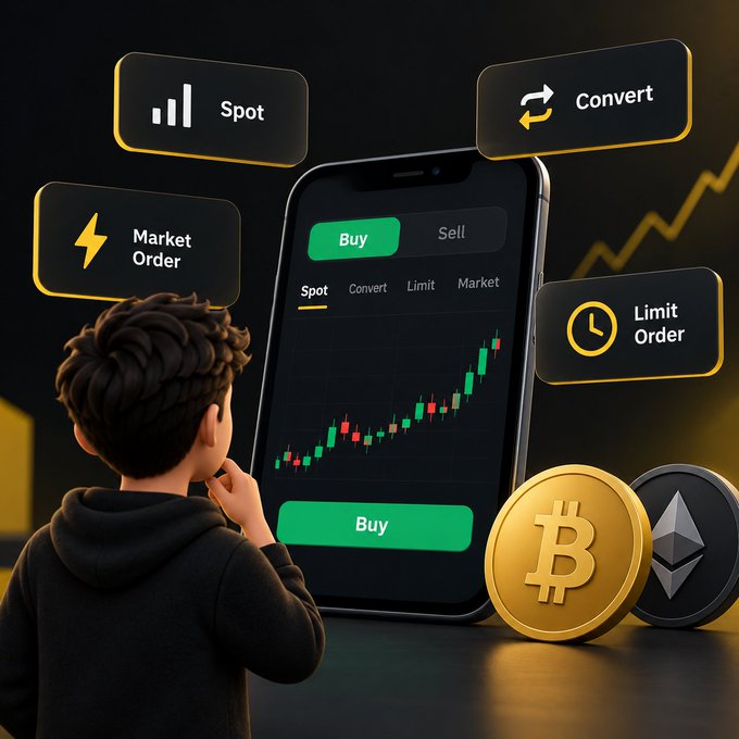 A 3D-rendered young man in a hoodie contemplates a smartphone displaying a crypto trading app with "Buy/Sell" tabs, "Spot," "Convert," "Limit," and "Market" order options above a green-and-red candlestick chart and a "Buy" button, surrounded by floating panels labeled "Spot," "Convert," "Market Order," and "Limit Order," alongside Bitcoin and Ethereum coins—visually illustrating the post's beginner's guide to spot trading crypto.