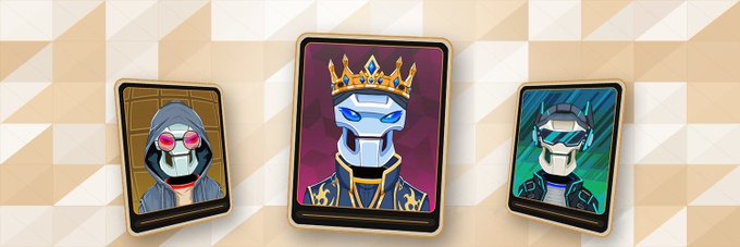 Three stylized character cards are displayed against a checkered tan and white background, featuring a hooded figure with red sunglasses, a blue-masked figure with a gold crown, and another masked character.