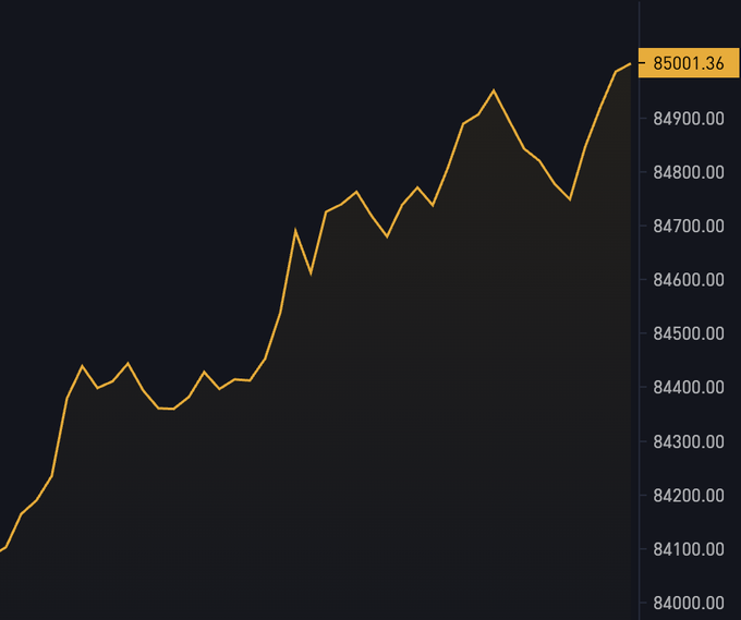 A line chart displays Bitcoin's price climbing from around $84,100 to a new high of $85,001.36, visually capturing the moment Bitcoin crossed the $85,000 threshold as mentioned in the post.