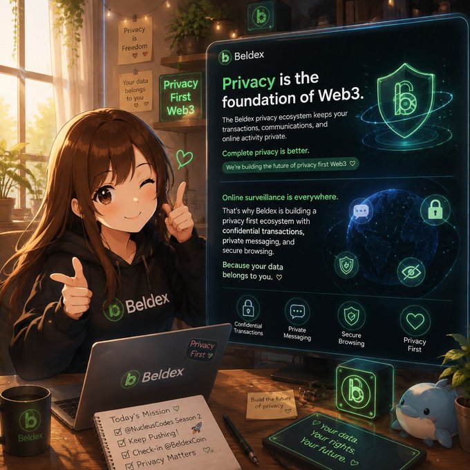 Anime-style promotional image featuring a brown-haired girl in a Beldex hoodie working on a laptop, with a large monitor displaying "Privacy is the foundation of Web3" and various Beldex privacy product features.