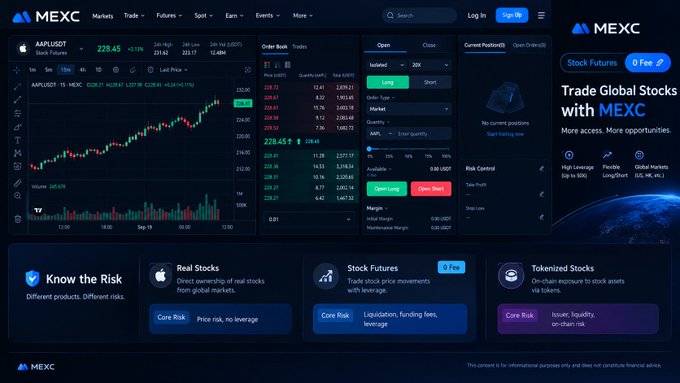 A screenshot of the MEXC cryptocurrency exchange trading interface showing the AAPL/USDT trading pair with an upward-trending candlestick chart and order book details.