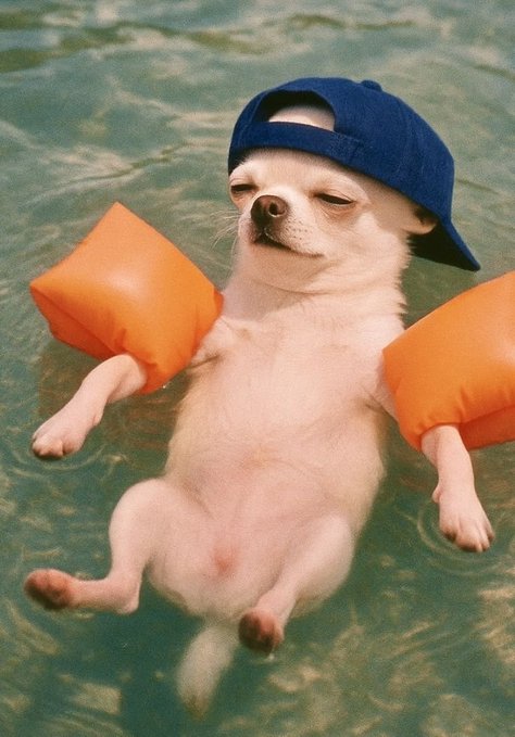 A small Chihuahua floats on its back in water wearing a blue baseball cap and orange arm floaties, appearing relaxed as it drifts. The image humorously illustrates the post's warning about crypto market cycles—depicting someone who didn't manage their liquidity wisely now just "floating" passively, yet staying positive and engaging onchain rather than drowning in losses.