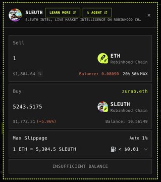 A Sleuth Intel agent interface displays a token swap from 1 ETH to 5243.5175 SLEUTH (worth $1,772.31) at a -5.96% price change, but shows an "Insufficient Balance" error preventing the transaction. The image illustrates a user attempting to buy into the newly launched Sleuth Intel token, which the post highlights as already reaching a $35M market cap.