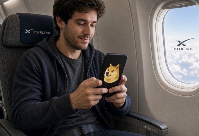 A man with curly hair sits in an airplane seat looking at his smartphone, which displays a Shiba Inu doge meme image on its screen. The image features 'STARLINK' branding on the headrest and on the window view, suggesting an in-flight internet service.