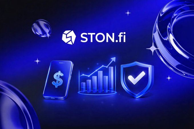 A blue-toned promotional graphic for 'STON.fi' featuring 3D icons of a smartphone with a dollar sign, a growth chart, and a security shield with a checkmark.