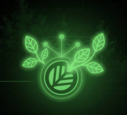 A glowing green digital illustration of a leaf logo surrounded by branches, set against a dark background with subtle grid and code patterns.