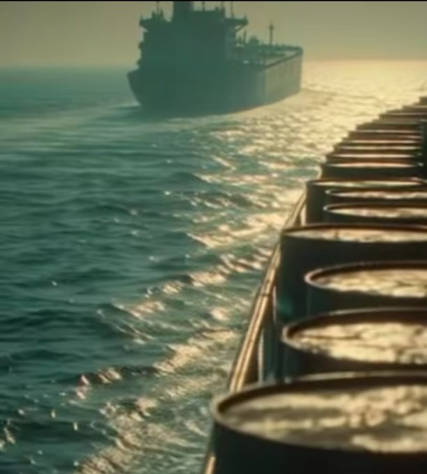 Aerial view of two large cargo ships on the open ocean, with the deck of one ship lined with cylindrical tanks visible in the foreground.